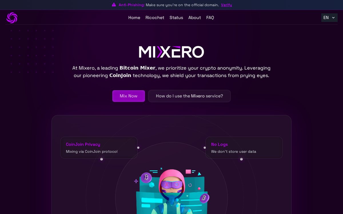 Screenshot of the Mixero bitcoin mixer homepage with its fee and deposit form