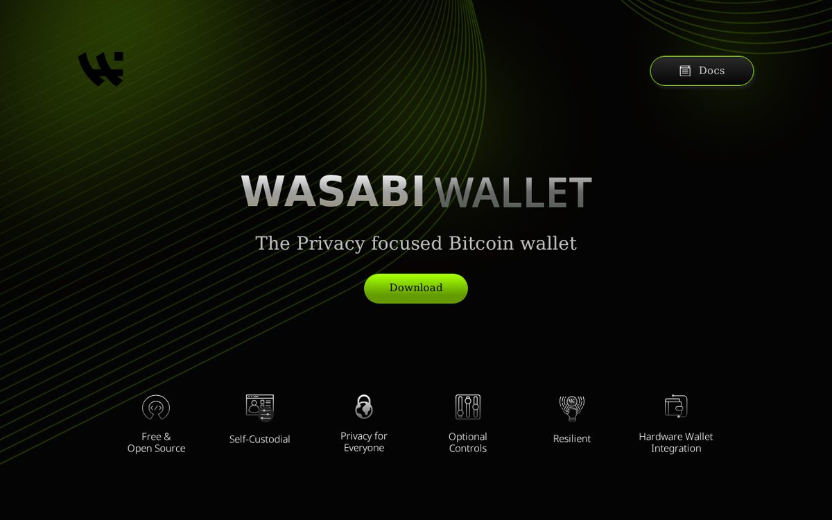Screenshot of the Wasabi Wallet bitcoin mixer homepage with its fee and deposit form
